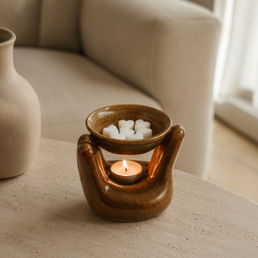 Ceramic Hand Type Aroma Burner Set with 2 Tea Light Candles & 50g Wax Melts | Tealight Candle Diffuser, Oil Warmer | Fragrance Oil Burner for Home, Spa, Meditation, Bedroom & Office Decor (Brown)