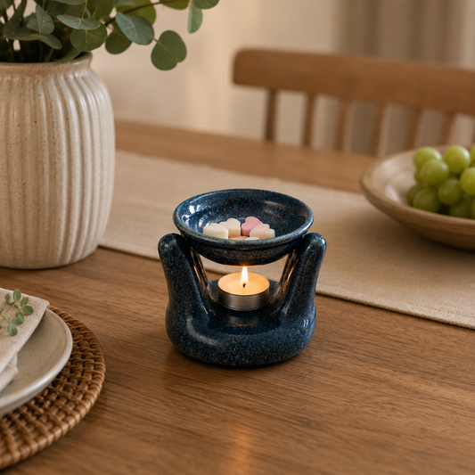 Ceramic Hand Type Aroma Burner Set with 2 Tea Light Candles & 50g Wax Melts | Tealight Candle Diffuser, Oil Warmer | Fragrance Oil Burner for Home, Spa, Meditation, Bedroom & Office Decor (Blue)