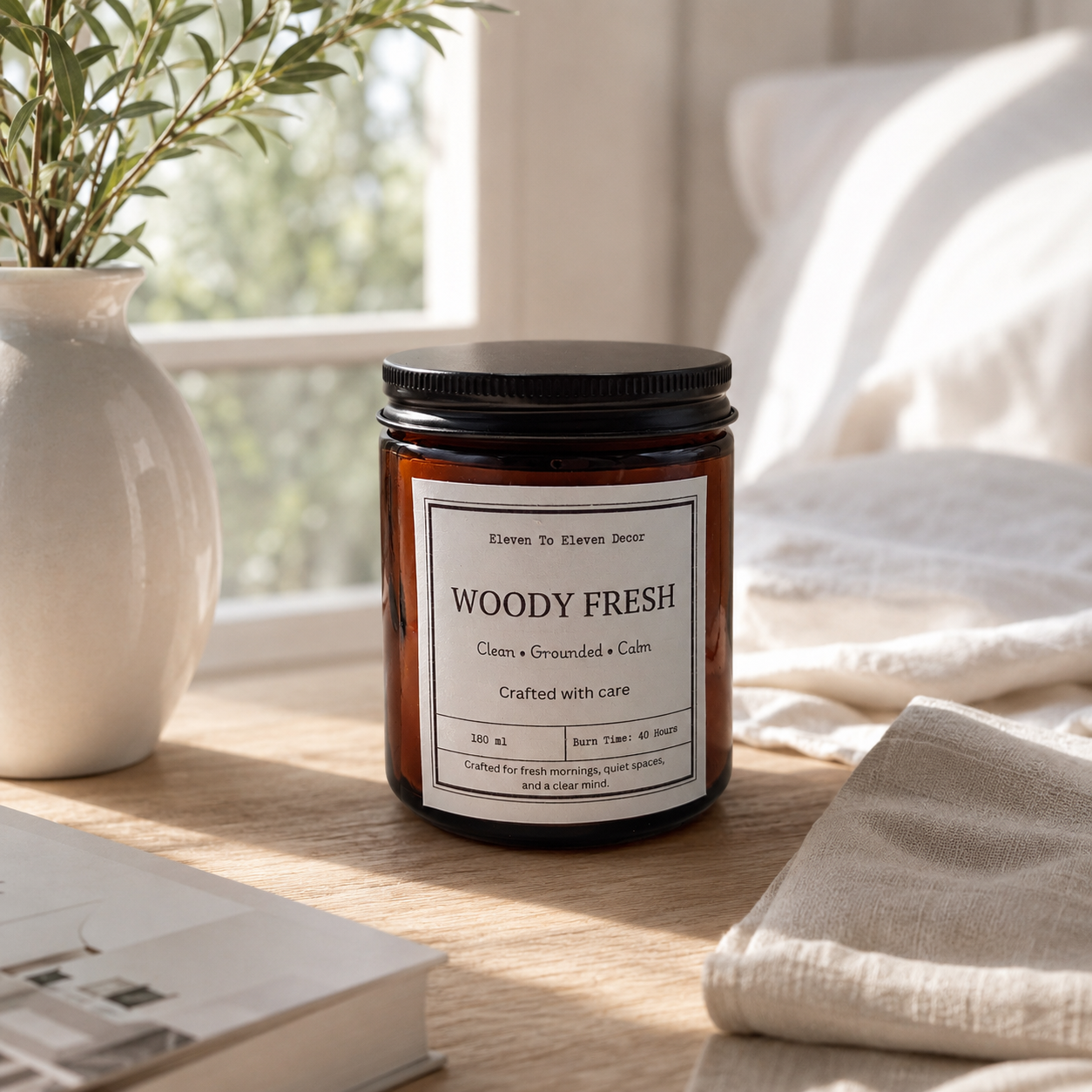 Soy Wax Scented Candle Amber Glass Jar: Woody Fresh