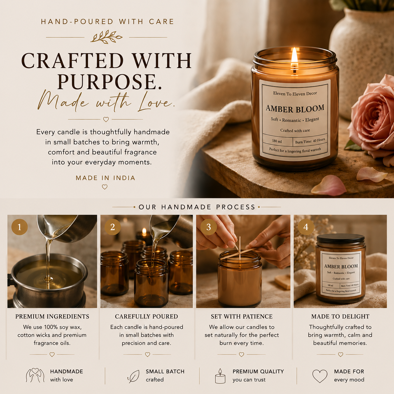 Soy Wax Scented Candle Amber Glass Jar: Amber Bloom