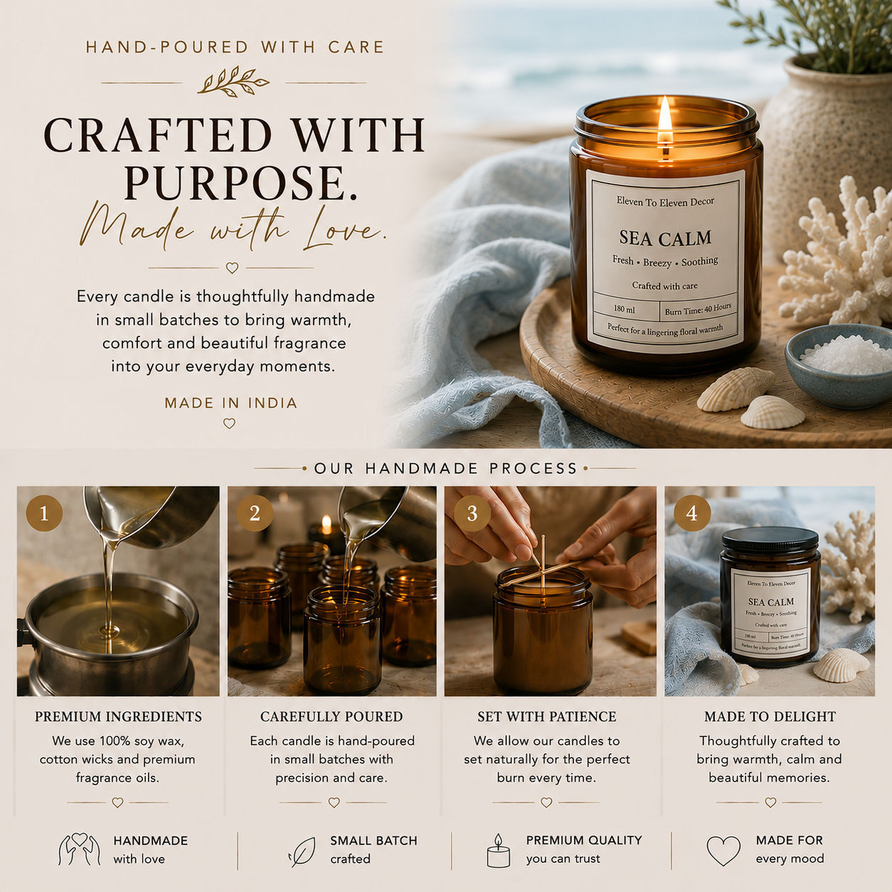 Soy Wax Scented Candle Amber Glass Jar: Sea Calm