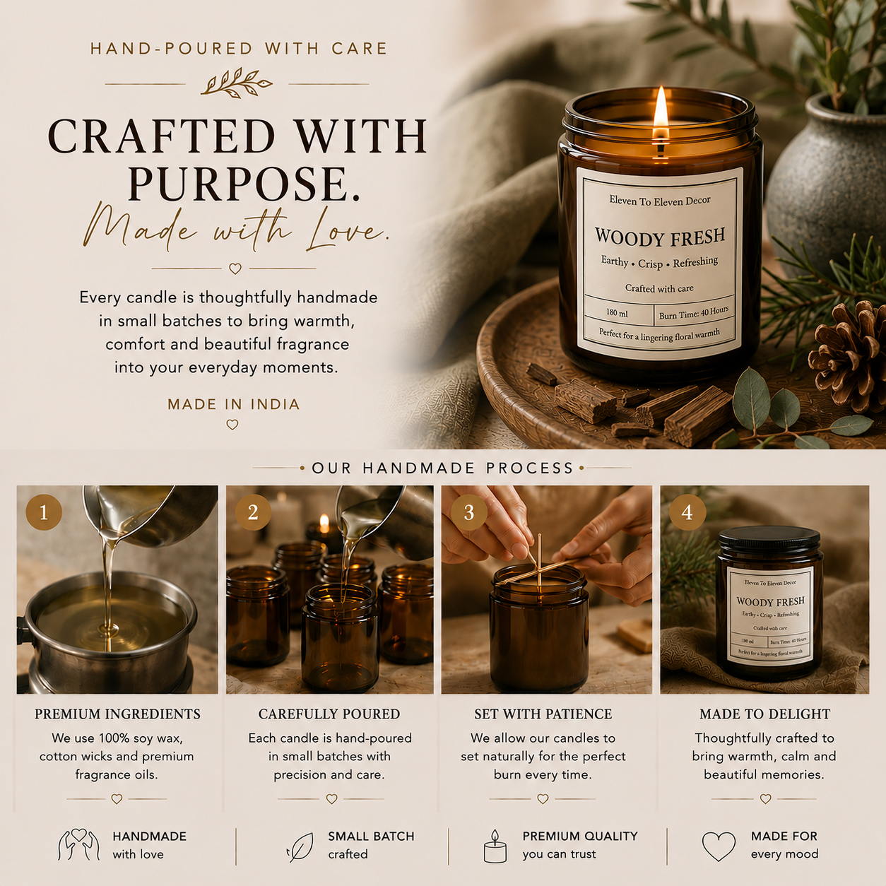 Soy Wax Scented Candle Amber Glass Jar: Woody Fresh
