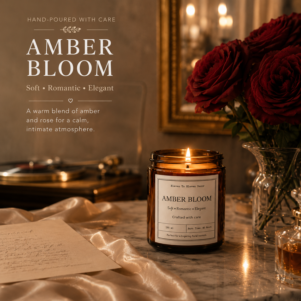 Soy Wax Scented Candle Amber Glass Jar: Amber Bloom
