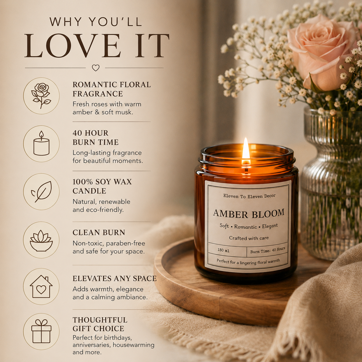 Soy Wax Scented Candle Amber Glass Jar: Amber Bloom