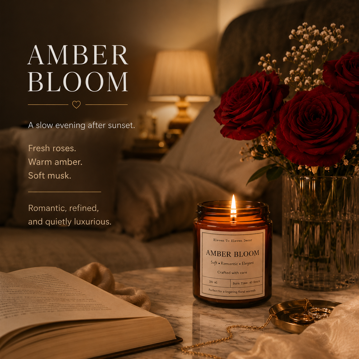 Soy Wax Scented Candle Amber Glass Jar: Amber Bloom