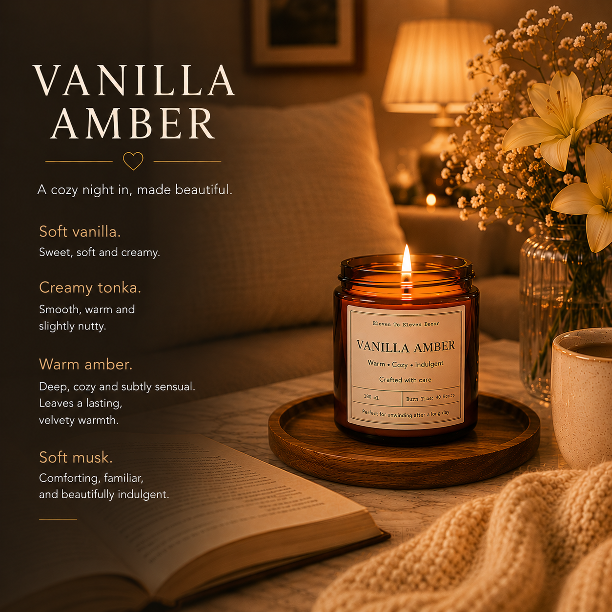 Soy Wax Scented Candle Amber Glass Jar: Vanilla Amber