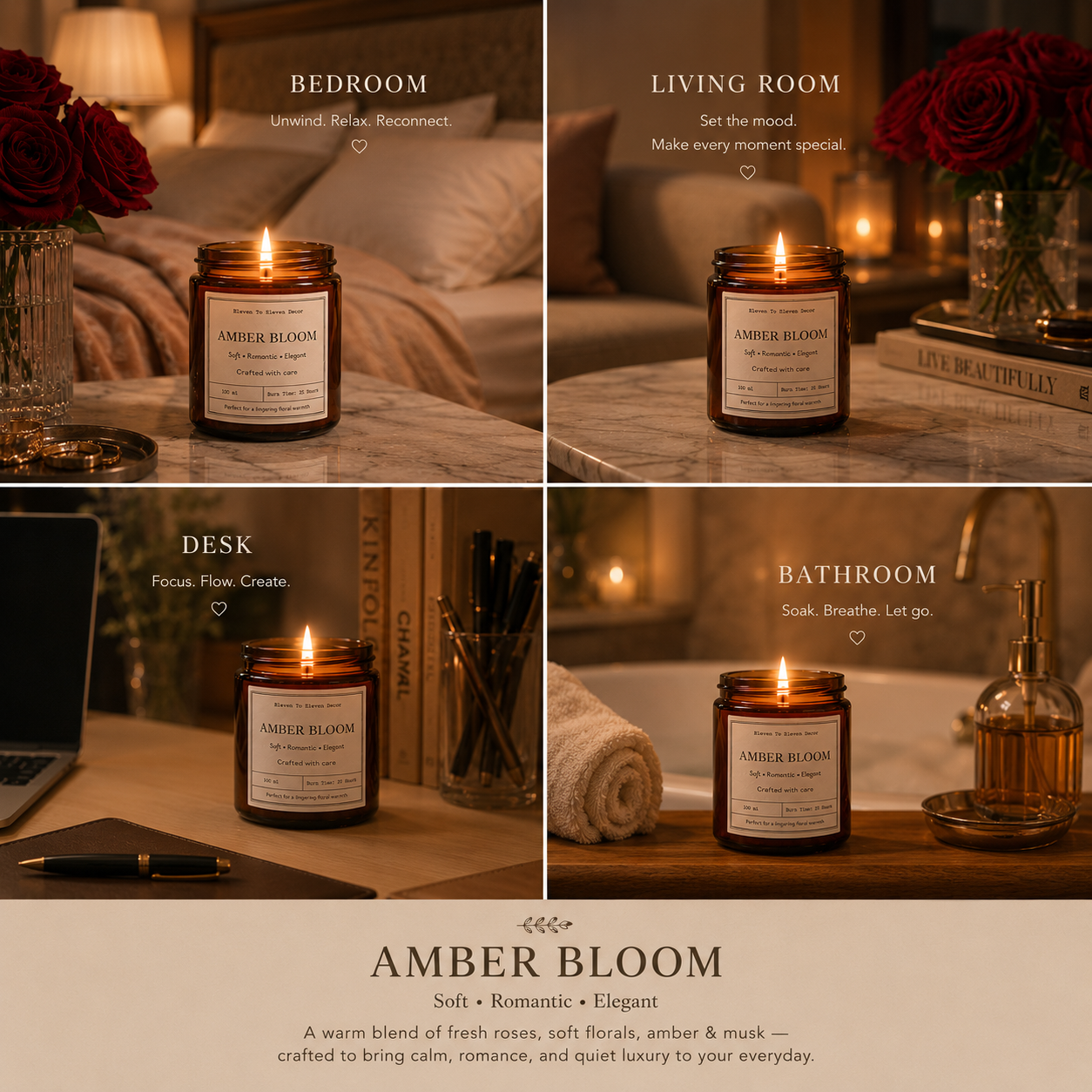 Soy Wax Scented Candle Amber Glass Jar: Amber Bloom