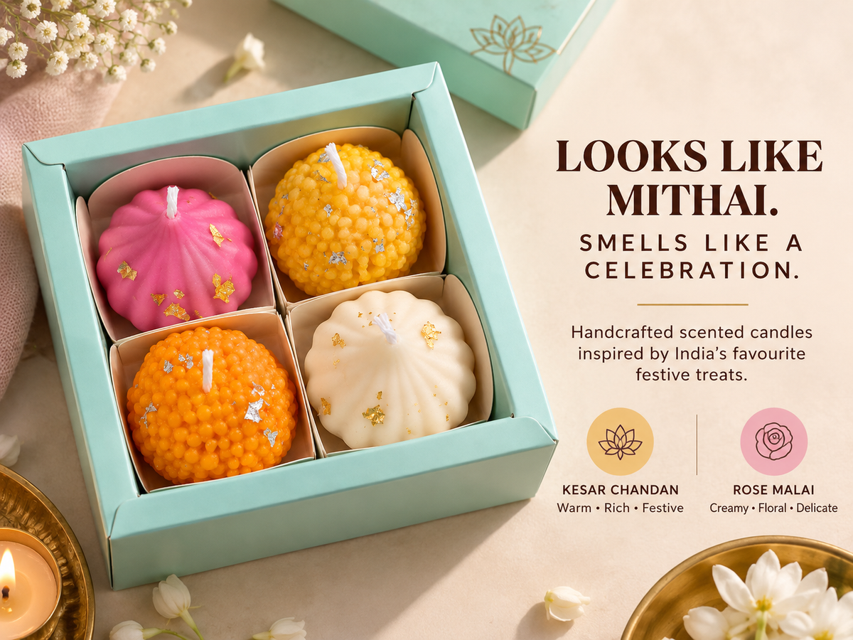 Mithai Shaped Scented Candles for Gifting | Kesar Chandan & Rose Malai Fragrance | Handmade Laddoo & Modak Style Decorative Candles