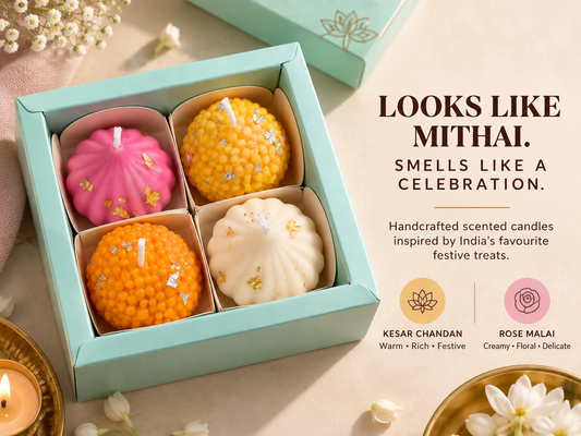 Mithai Shaped Scented Candles for Gifting | Kesar Chandan & Rose Malai Fragrance | Handmade Laddoo & Modak Style Decorative Candles