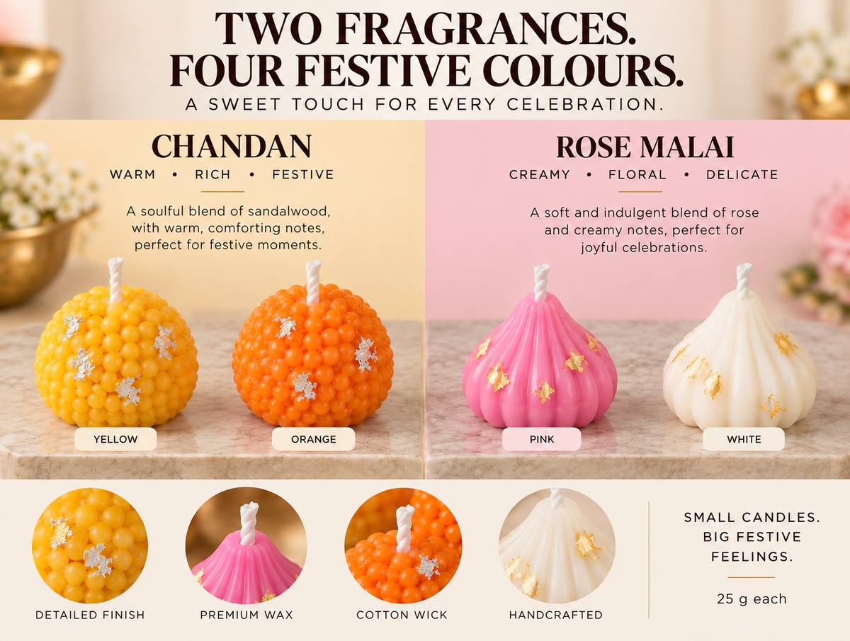 Mithai Shaped Scented Candles for Gifting | Kesar Chandan & Rose Malai Fragrance | Handmade Laddoo & Modak Style Decorative Candles