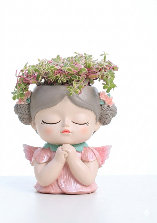Angel Succulent Planter Pot, Cute Praying Girl Resin Flower Pot with Drainage, Mini Indoor Plant Holder for Succulents, Cactus & Desk Decor, Home Office Gift, Pink