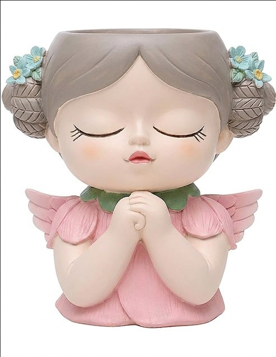 Angel Succulent Planter Pot, Cute Praying Girl Resin Flower Pot with Drainage, Mini Indoor Plant Holder for Succulents, Cactus & Desk Decor, Home Office Gift, Pink