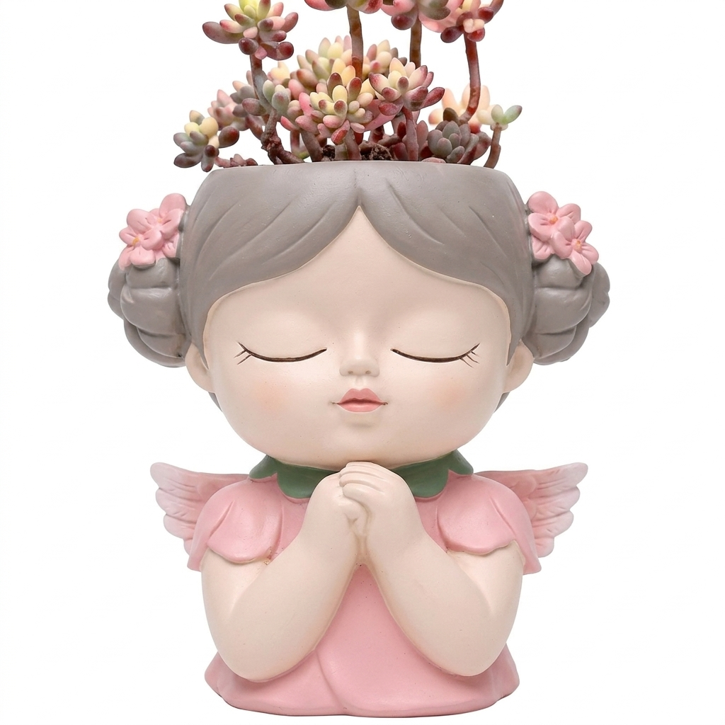 Angel Succulent Planter Pot, Cute Praying Girl Resin Flower Pot with Drainage, Mini Indoor Plant Holder for Succulents, Cactus & Desk Decor, Home Office Gift, Pink