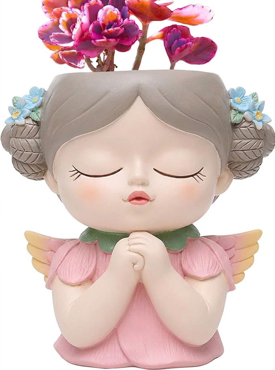 Angel Succulent Planter Pot, Cute Praying Girl Resin Flower Pot with Drainage, Mini Indoor Plant Holder for Succulents, Cactus & Desk Decor, Home Office Gift, Pink