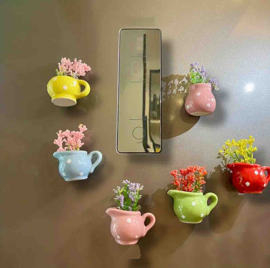 3D Ceramic Mini Vase Refrigerator Magnets Set of 6 with Neodymium Magnet | Unique Flower Pot Fridge Magnets for Kitchen, Office & Home Decor