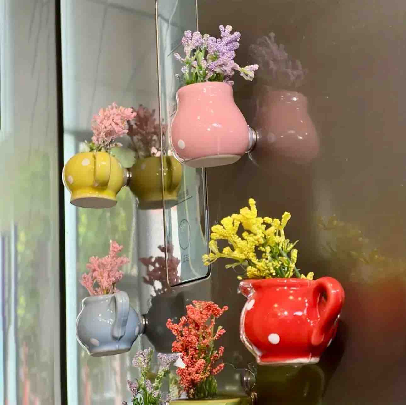 3D Ceramic Mini Vase Refrigerator Magnets Set of 6 with Neodymium Magnet | Unique Flower Pot Fridge Magnets for Kitchen, Office & Home Decor