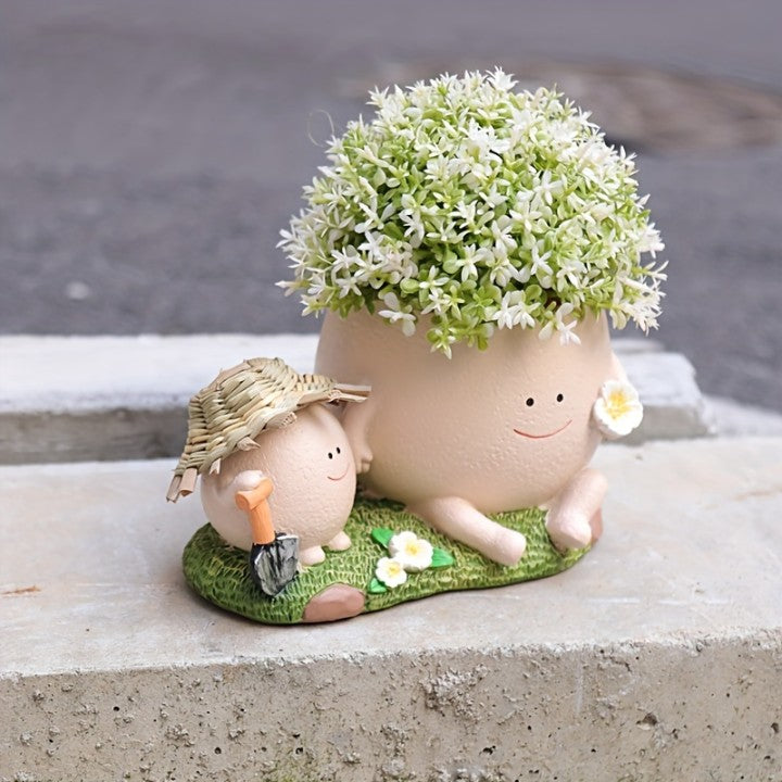Cute Smile Face Planter Pot with Drainage Hole, Resin Head Flower Pot for Succulents, String of Pearls, Indoor Outdoor Plants, Funny Cartoon Plant Holder for Home Garden