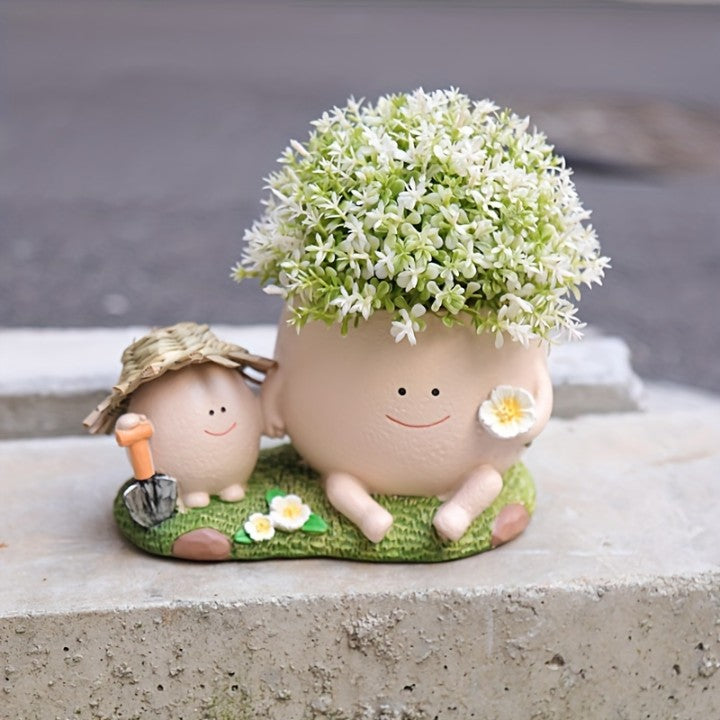 Cute Smile Face Planter Pot with Drainage Hole, Resin Head Flower Pot for Succulents, String of Pearls, Indoor Outdoor Plants, Funny Cartoon Plant Holder for Home Garden