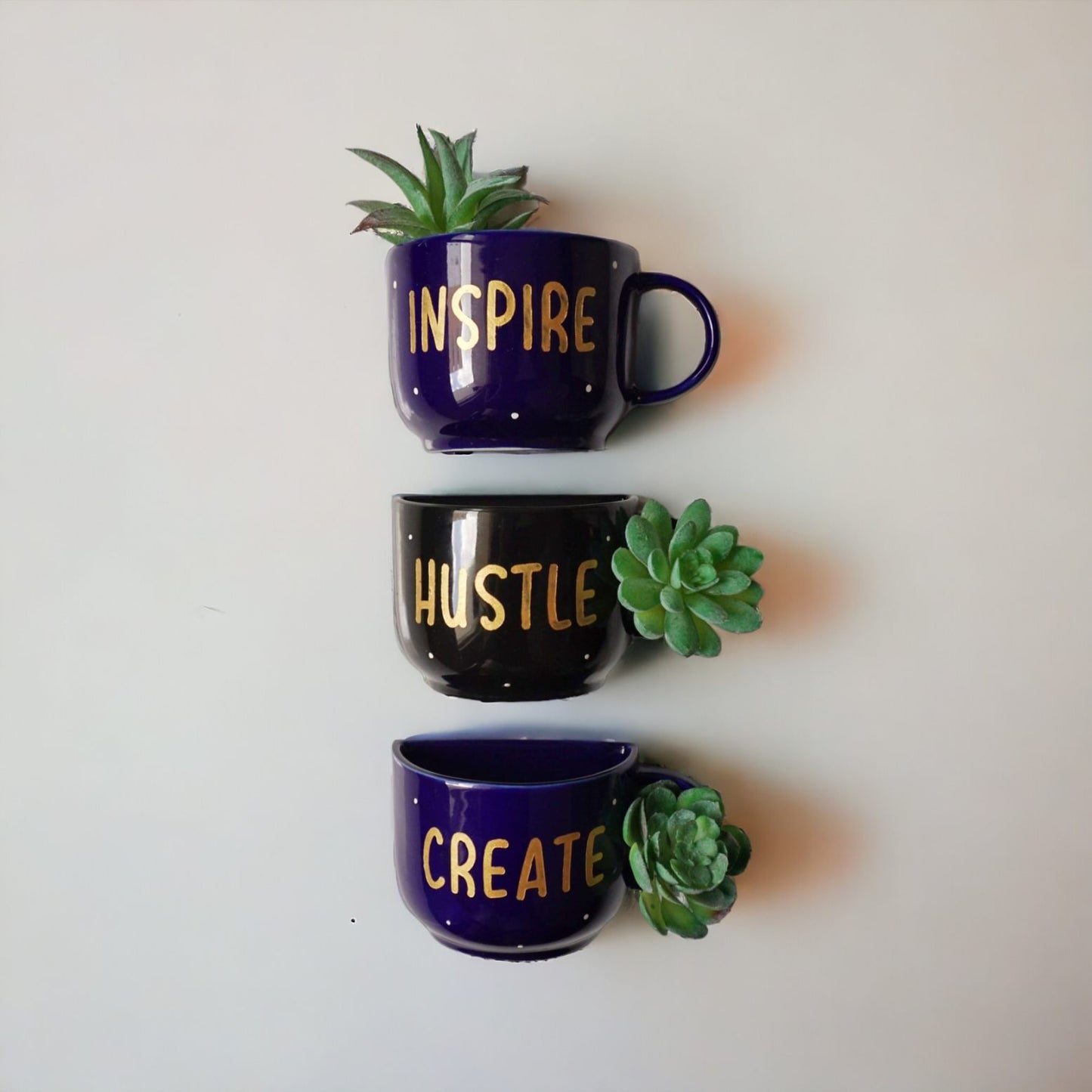 Wall Mounted Ceramic Half Cup Planters (Set of 3) – Mini Succulent Pots for Indoor Plants, Space Saving Hanging Flower Pots for Home Decoration