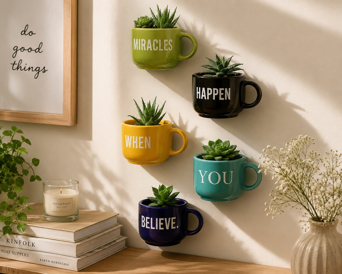 Ceramic Half Cup Wall Planter Set of 5 | Hanging Succulent Pots | Coffee Mug Style Wall Planters for Indoor Home Garden Décor