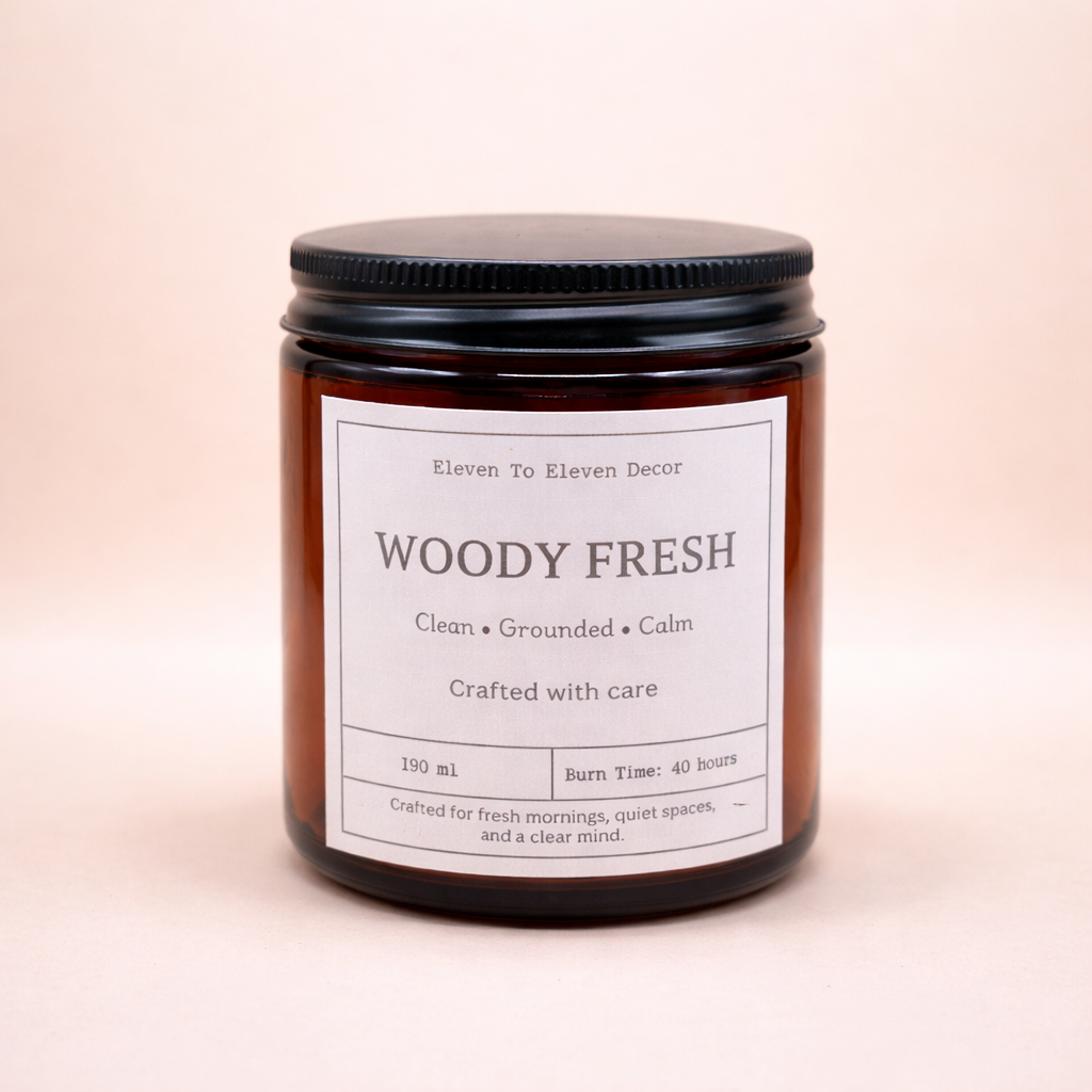 Soy Wax Scented Candle Amber Glass Jar: Woody Fresh