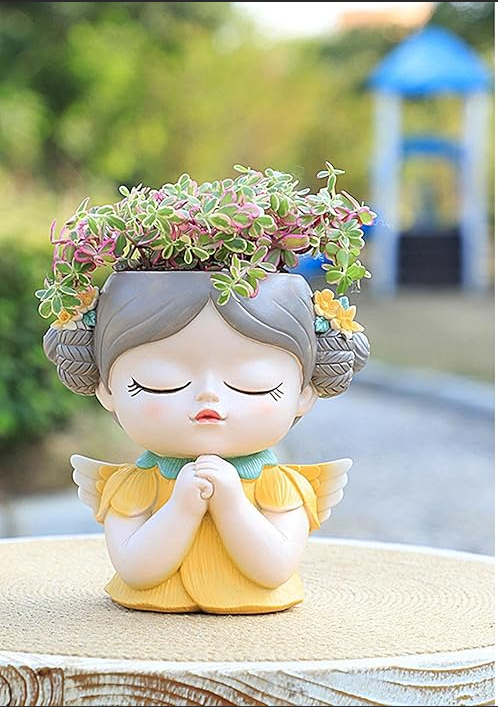 Angel Succulent Planter Pot, Cute Praying Girl Resin Flower Pot with Drainage, Mini Indoor Plant Holder for Succulents, Cactus & Desk Decor, Home Office Gift, Yellow