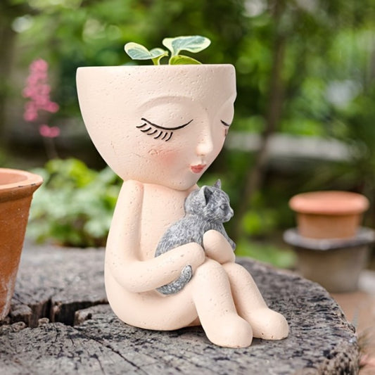 Cute Lady Succulent Resin Planter Pots Holding Cat for Garden Home Decor.