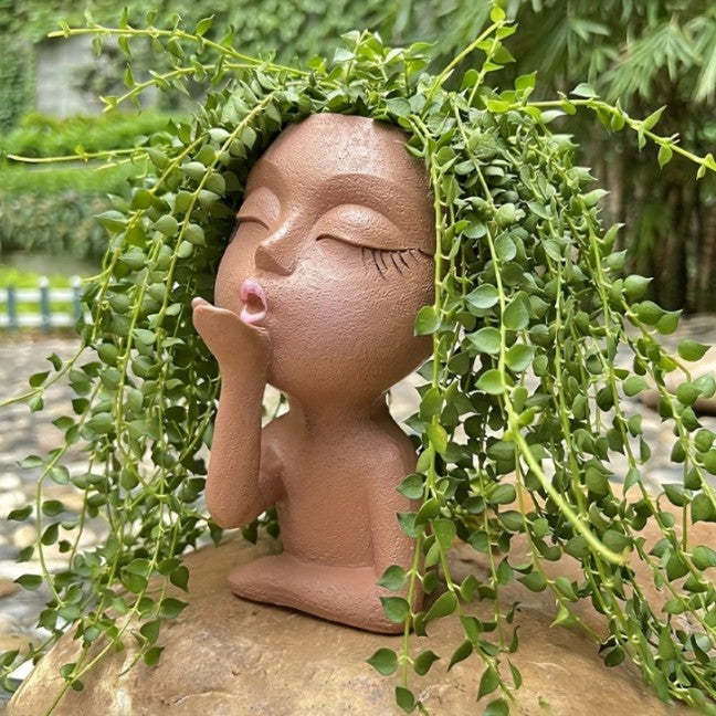 Cute Lady Succulent Resin Planter Pots Closed Eyes for Garden Home Decor(Brown)