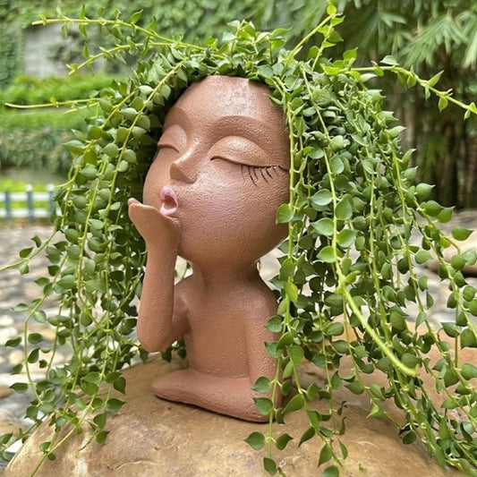 Cute Lady Succulent Resin Planter Pots Closed Eyes for Garden Home Decor(Brown)