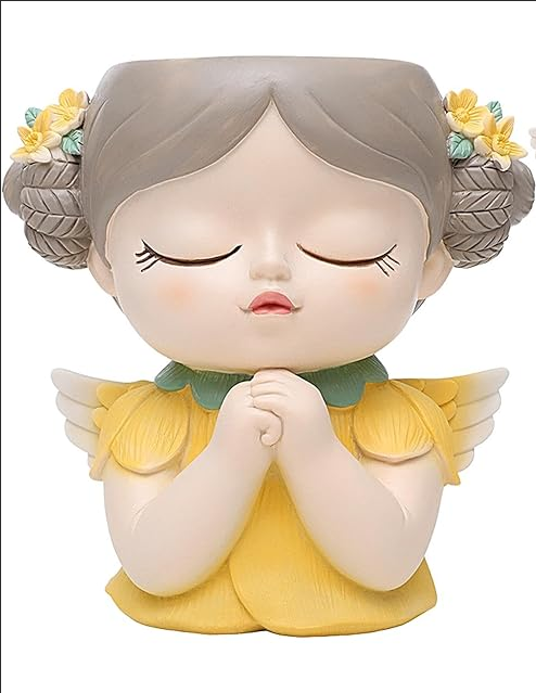 Angel Succulent Planter Pot, Cute Praying Girl Resin Flower Pot with Drainage, Mini Indoor Plant Holder for Succulents, Cactus & Desk Decor, Home Office Gift, Yellow